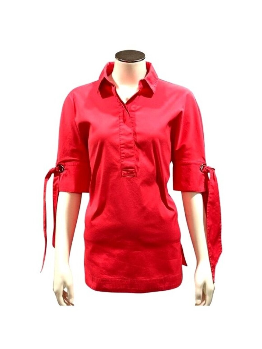 Chicos Size 0 Red Popover Blouse Tie Sleeves Split Back Business Casual Workwear